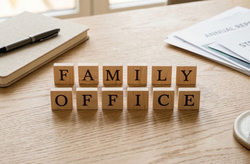 Family office executive search, wooden letter blocks spelling family office on a desk with annual report and strategy documents, representing retained executive search for family office principals