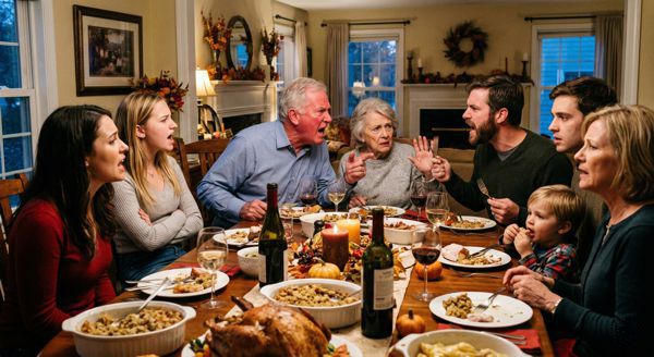 Members of a multi-generational family business arguing over Thanksgiving dinner