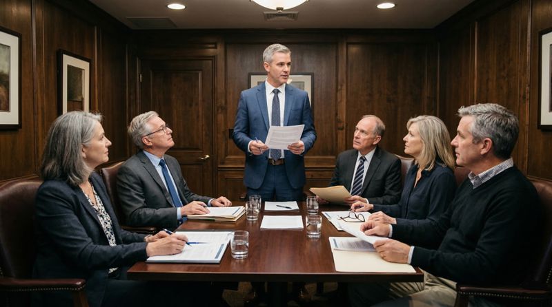 Family office board meeting, portfolio company leader presenting documents to family principals seated at a private conference table, representing executive search for family office operating companies