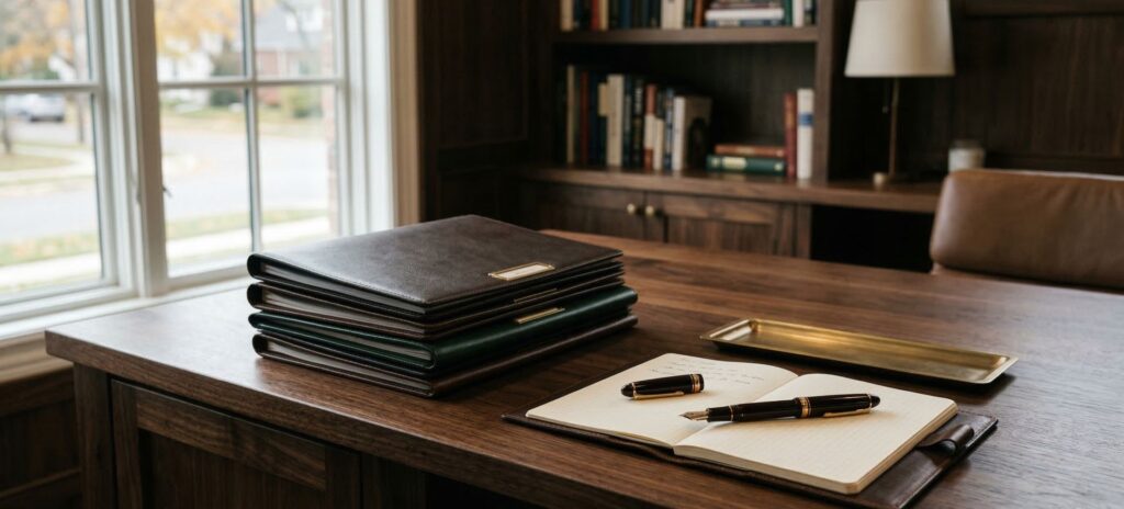 Family office executive search, private executive office desk with leather portfolio folders and fountain pen, representing retained executive search for family office principals in Michigan